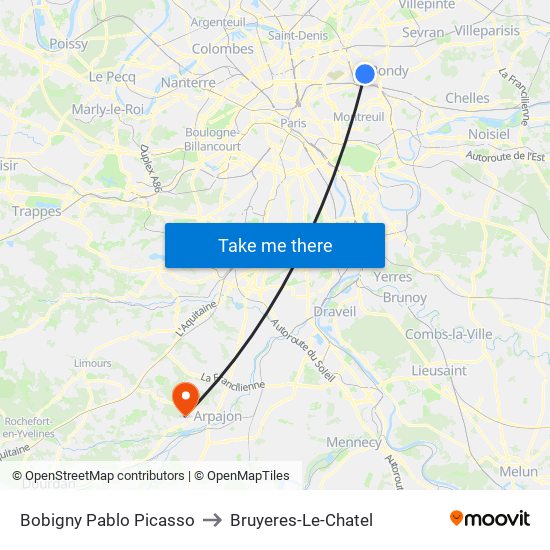 Bobigny Pablo Picasso to Bruyeres-Le-Chatel map