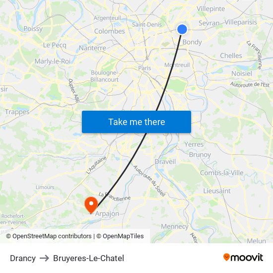 Drancy to Bruyeres-Le-Chatel map