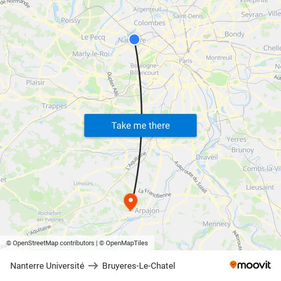 Nanterre Université to Bruyeres-Le-Chatel map