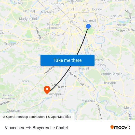 Vincennes to Bruyeres-Le-Chatel map