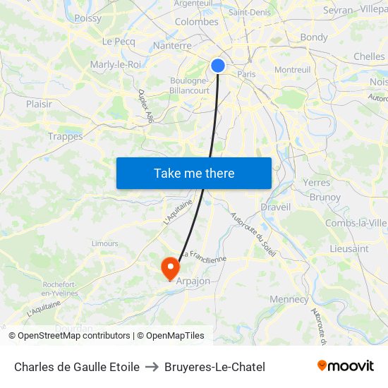 Charles de Gaulle Etoile to Bruyeres-Le-Chatel map