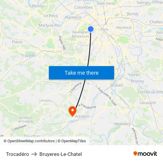 Trocadéro to Bruyeres-Le-Chatel map