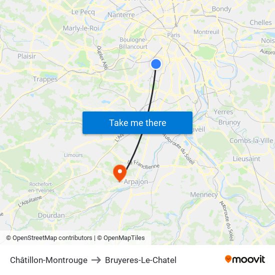 Châtillon-Montrouge to Bruyeres-Le-Chatel map