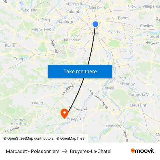 Marcadet - Poissonniers to Bruyeres-Le-Chatel map