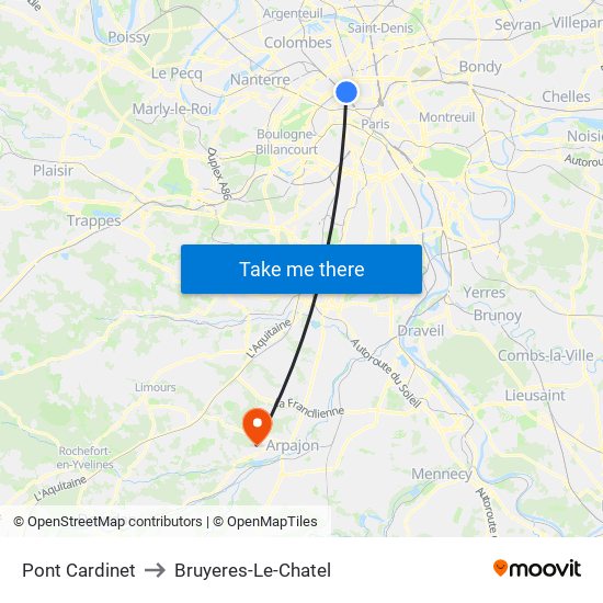 Pont Cardinet to Bruyeres-Le-Chatel map