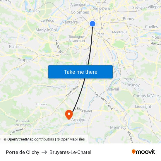 Porte de Clichy to Bruyeres-Le-Chatel map
