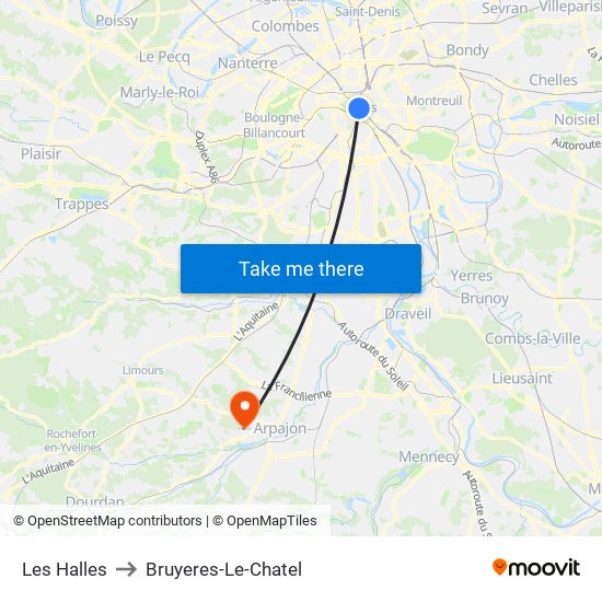 Les Halles to Bruyeres-Le-Chatel map