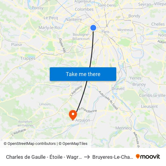 Charles de Gaulle - Étoile - Wagram to Bruyeres-Le-Chatel map
