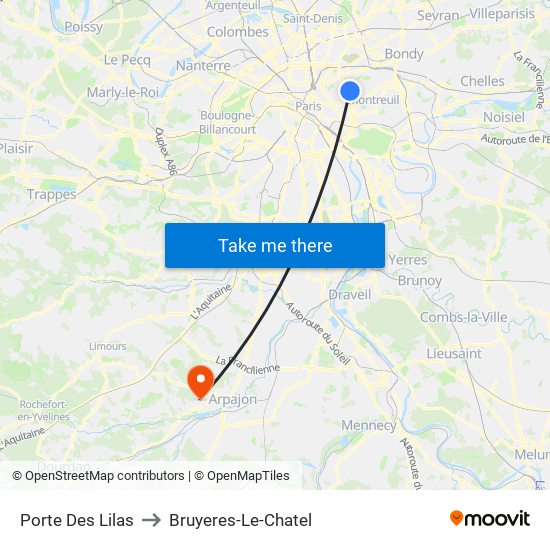 Porte Des Lilas to Bruyeres-Le-Chatel map