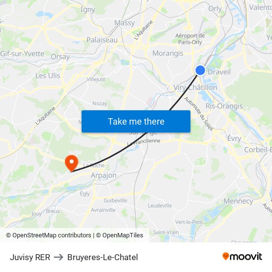 Juvisy RER to Bruyeres-Le-Chatel map