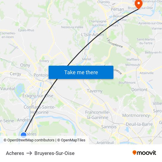 Acheres to Bruyeres-Sur-Oise map