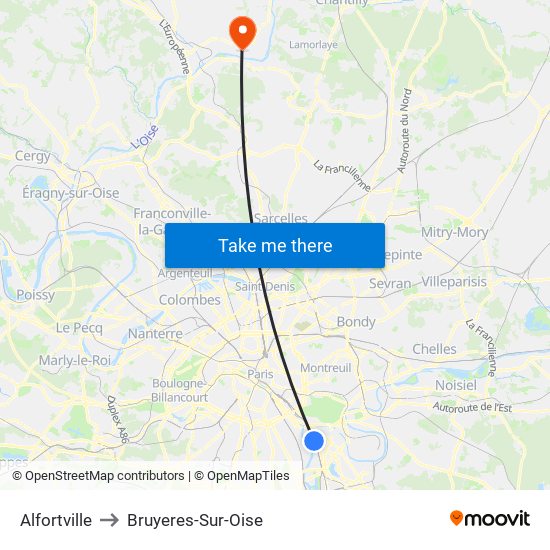 Alfortville to Bruyeres-Sur-Oise map