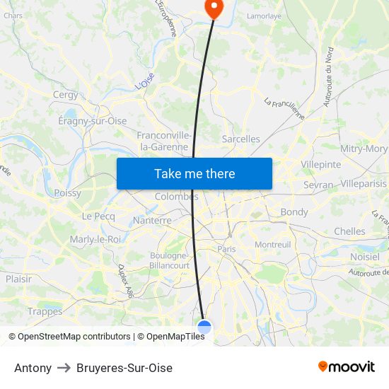 Antony to Bruyeres-Sur-Oise map