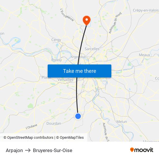 Arpajon to Bruyeres-Sur-Oise map