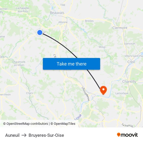 Auneuil to Bruyeres-Sur-Oise map