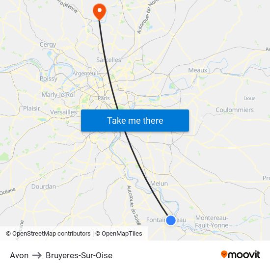 Avon to Bruyeres-Sur-Oise map
