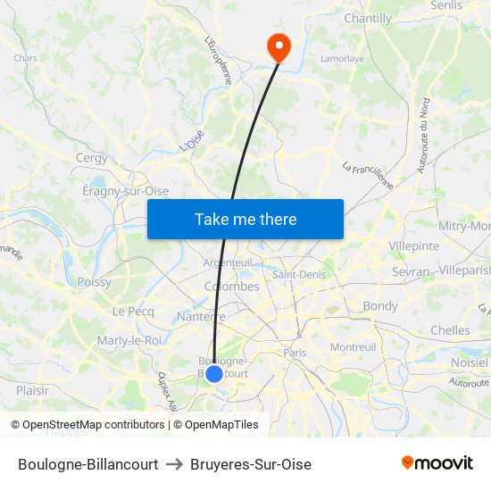Boulogne-Billancourt to Bruyeres-Sur-Oise map