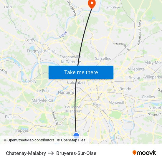 Chatenay-Malabry to Bruyeres-Sur-Oise map