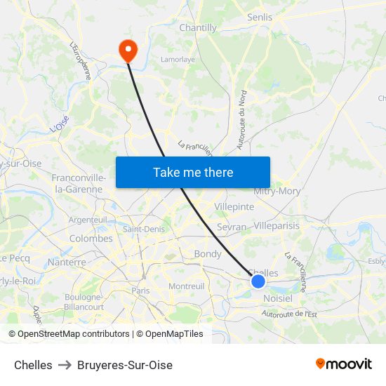 Chelles to Bruyeres-Sur-Oise map