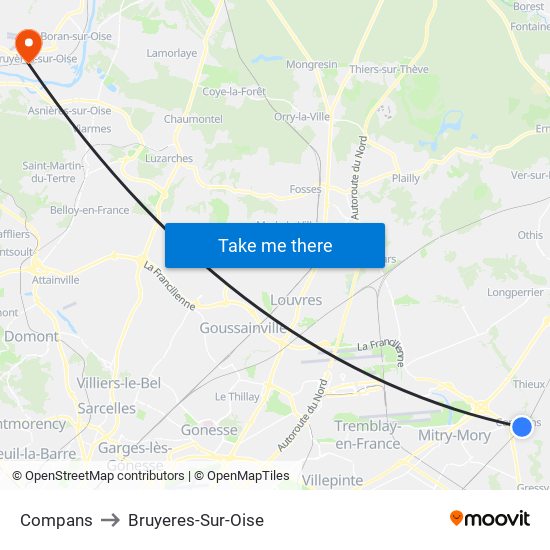 Compans to Bruyeres-Sur-Oise map