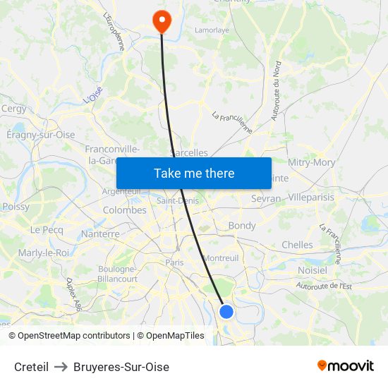 Creteil to Bruyeres-Sur-Oise map