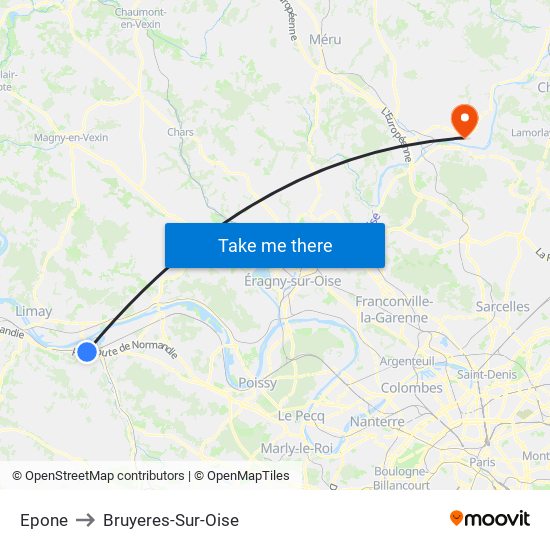 Epone to Bruyeres-Sur-Oise map