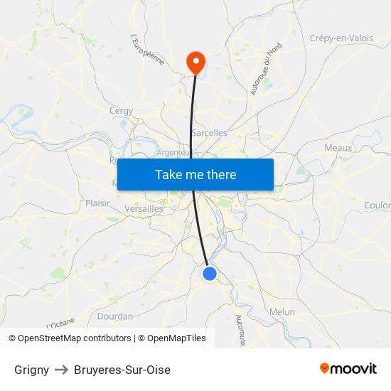 Grigny to Bruyeres-Sur-Oise map