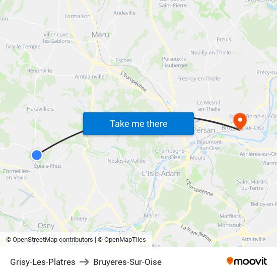 Grisy-Les-Platres to Bruyeres-Sur-Oise map