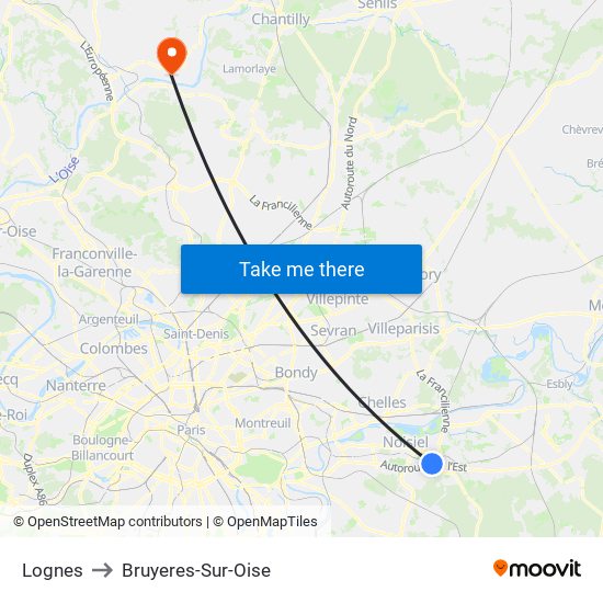 Lognes to Bruyeres-Sur-Oise map