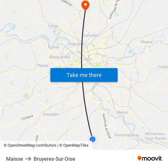 Maisse to Bruyeres-Sur-Oise map
