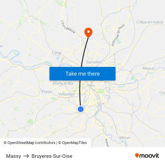 Massy to Bruyeres-Sur-Oise map