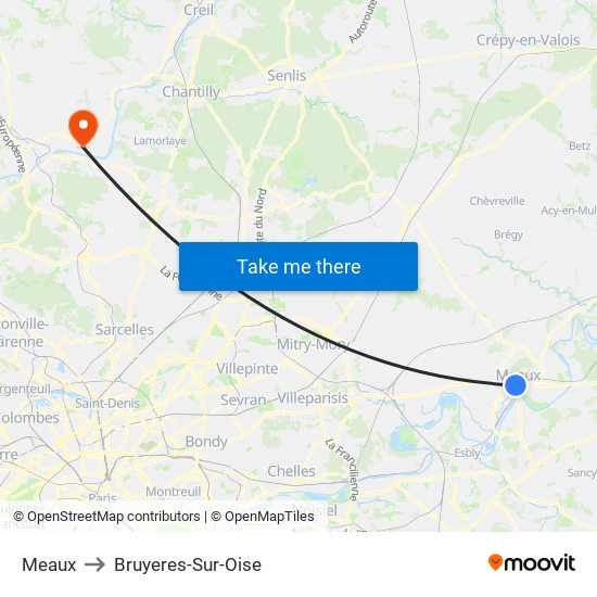 Meaux to Bruyeres-Sur-Oise map