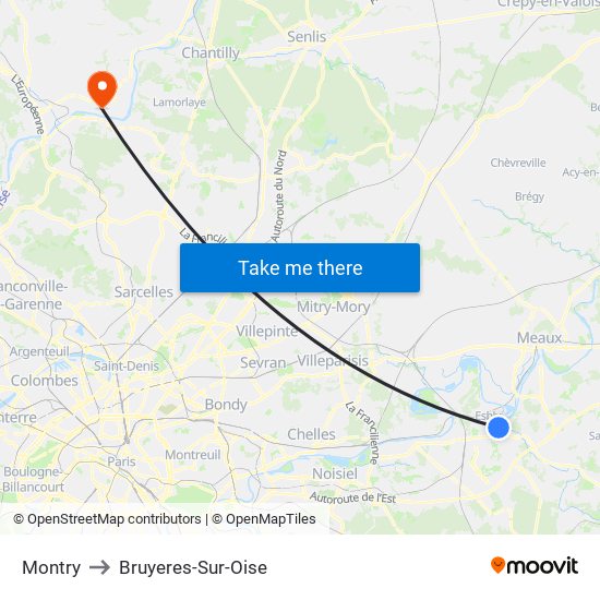 Montry to Bruyeres-Sur-Oise map