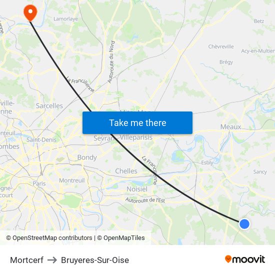 Mortcerf to Bruyeres-Sur-Oise map