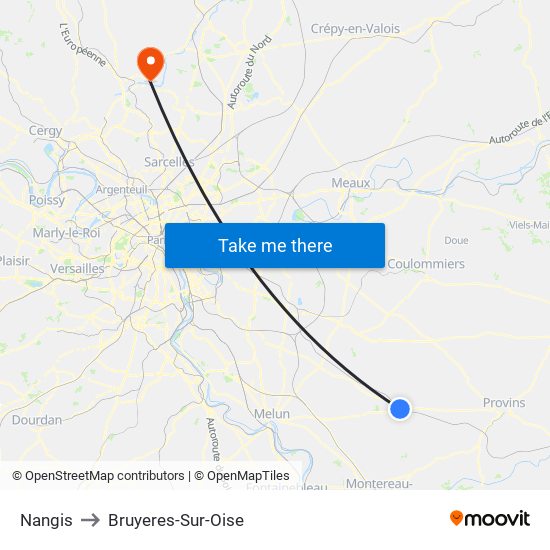 Nangis to Bruyeres-Sur-Oise map