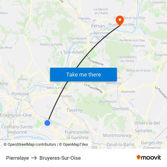 Pierrelaye to Bruyeres-Sur-Oise map