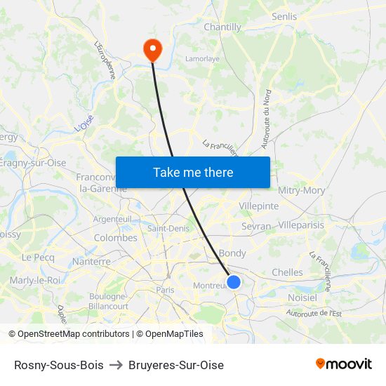 Rosny-Sous-Bois to Bruyeres-Sur-Oise map