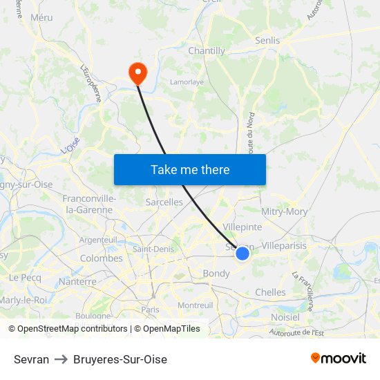 Sevran to Bruyeres-Sur-Oise map