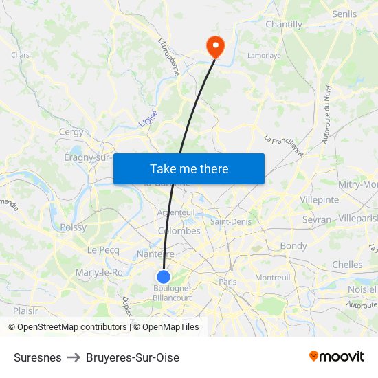 Suresnes to Bruyeres-Sur-Oise map