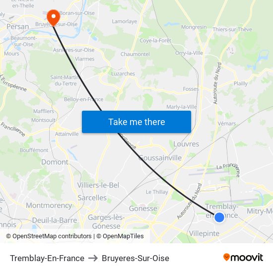 Tremblay-En-France to Bruyeres-Sur-Oise map