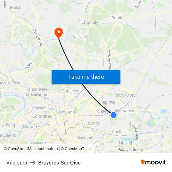 Vaujours to Bruyeres-Sur-Oise map