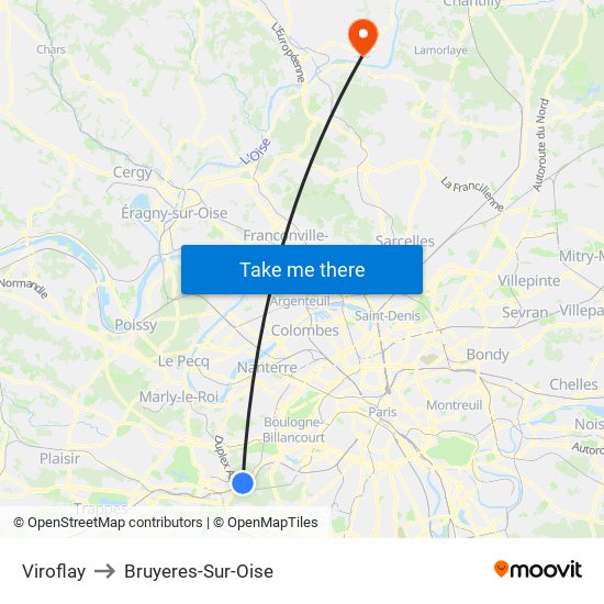 Viroflay to Bruyeres-Sur-Oise map