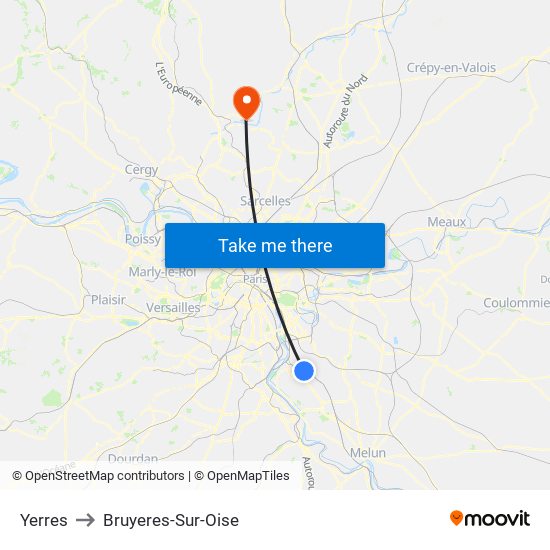 Yerres to Bruyeres-Sur-Oise map