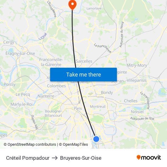 Créteil Pompadour to Bruyeres-Sur-Oise map