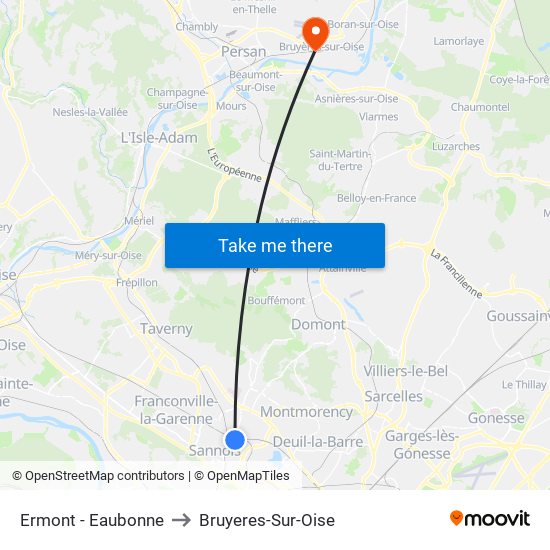 Ermont - Eaubonne to Bruyeres-Sur-Oise map