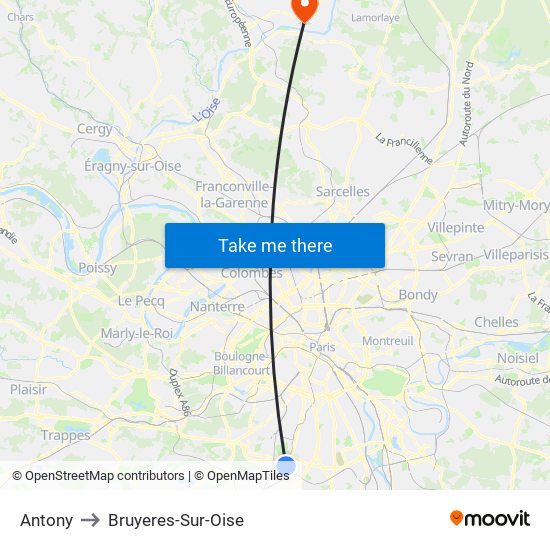 Antony to Bruyeres-Sur-Oise map