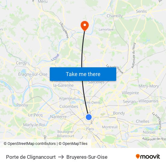 Porte de Clignancourt to Bruyeres-Sur-Oise map