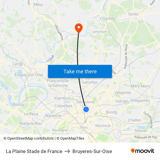 La Plaine Stade de France to Bruyeres-Sur-Oise map