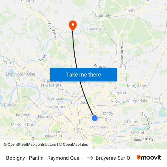 Bobigny - Pantin - Raymond Queneau to Bruyeres-Sur-Oise map