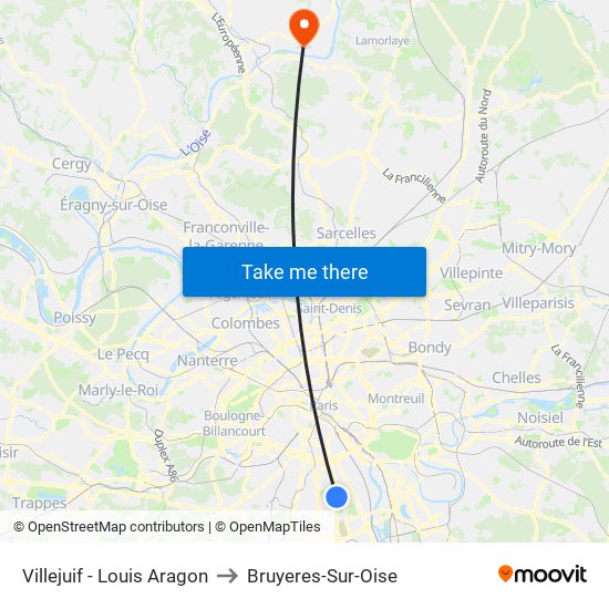 Villejuif - Louis Aragon to Bruyeres-Sur-Oise map